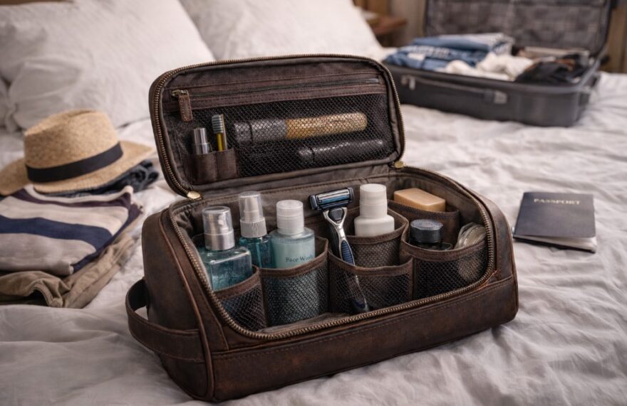 Leather toiletry bag on a bed surrounded by folded clothes and travel packing items