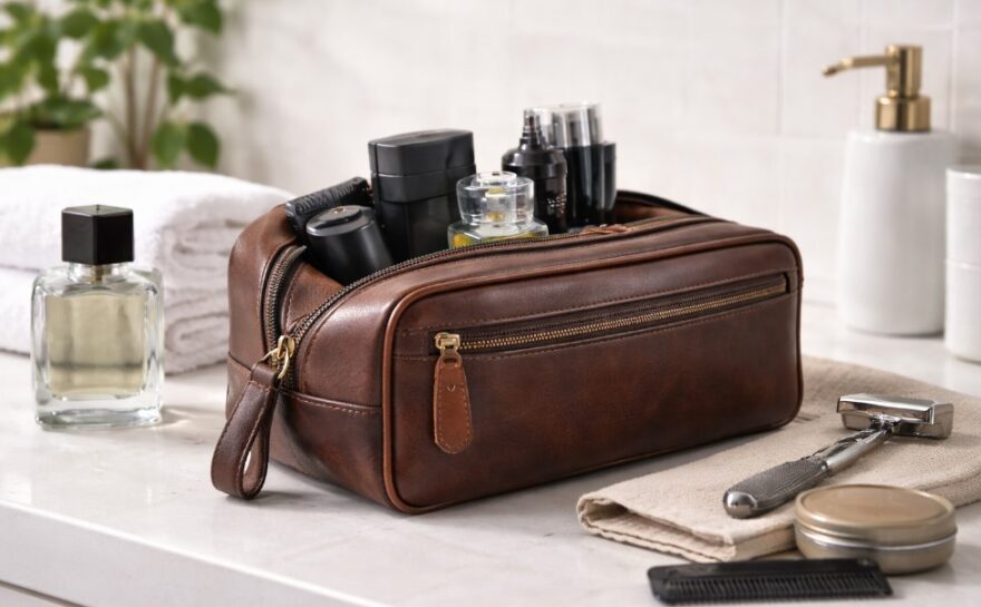 Brown leather toiletry bag on a bathroom countertop with grooming essentials like razor, cologne, and comb arranged around it