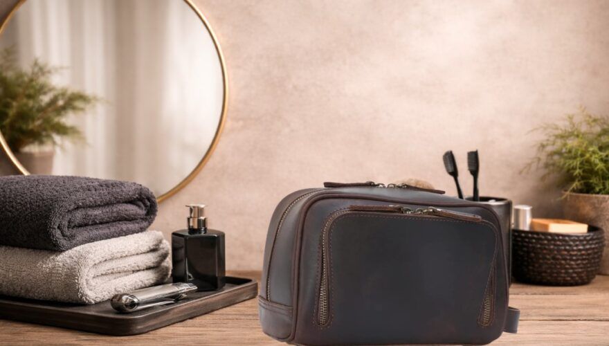 Men’s leather toiletry bag on a wooden bathroom counter with folded towels, shaving brush, razor, and mirror in the background