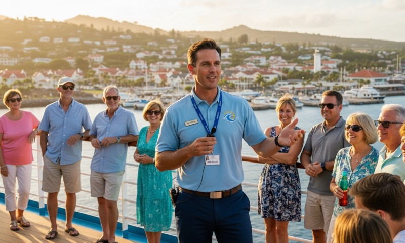 A tour guide in a blue shirt speaks to a smiling group on a sunny deck