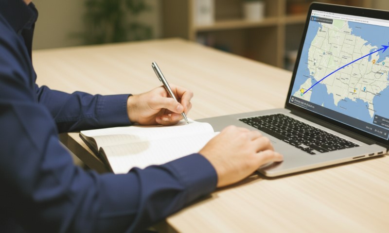 A person in a blue shirt writes in a notebook while viewing a U.S. map with a marked route on a laptop, suggesting travel planning
