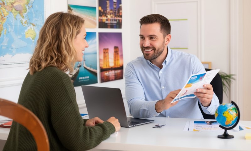 A smiling man holds a travel brochure, talking to a woman across a desk with a laptop and small globe